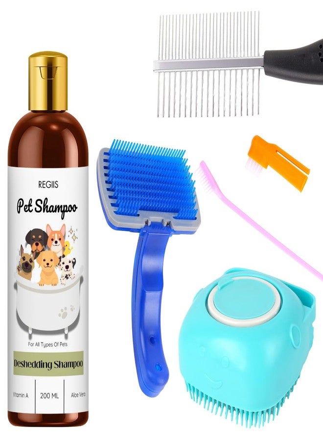 مجموعة شامبو للحيوانات الأليفة مع فرشاة لإزالة الشعر الزائد، 200 مل، مجموعة العناية بالكلاب والقطط، تركيبة فيتامين أ والصبار، فرشاة زرقاء ذاتية التنظيف (عبوة من 5 قطع) - Image 1